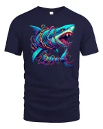 Neon Shark Attack Tee Fierce Deep Sea Predator Graphic Tshirt - navy t-shirt on white background