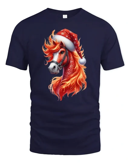 Christmas Horse Tee Fiery Mane Santa Hat Holiday Tshirt - navy t-shirt on white background