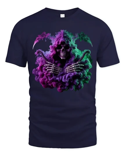 Colorful Reaper Smoke Tee Grim Skeleton Fantasy Art Tshirt - navy t-shirt on white background