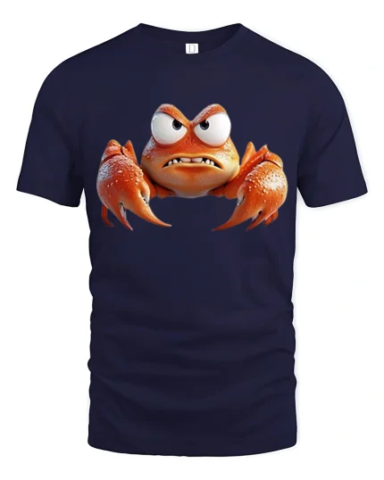 Angry Orange Crab Tee Funny Cartoon Sea Creature Graphic Tshirt - navy t-shirt on white background