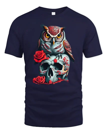 Owl and Skull Rose Tee Dark Gothic Art Graphic Tshirt for Fans - navy t-shirt on white background