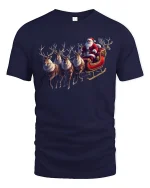 Santa Sleigh Ride Tee Classic Christmas Reindeer Art Graphic Tshirt - navy t-shirt on white background