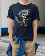 Rock Star Bird Tee Cute Colorful Guitar Playing Character Tshirt - model wearing navy tee with hands in pockets