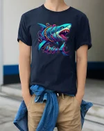 Neon Shark Attack Tee Fierce Deep Sea Predator Graphic Tshirt - model wearing navy tee with hands in pockets