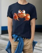 Angry Orange Crab Tee Funny Cartoon Sea Creature Graphic Tshirt - model wearing navy tee with hands in pockets