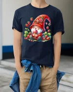 Strawberry Gnome Tee Cute Ice Cream Garden Art Graphic Tshirt - model wearing navy tee with hands in pockets