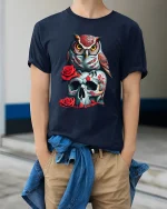 Owl and Skull Rose Tee Dark Gothic Art Graphic Tshirt for Fans - model wearing navy tee with hands in pockets