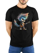 Rock Star Bird Tee Cute Colorful Guitar Playing Character Tshirt - model wearing black tee with hands behind back