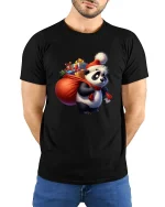 Christmas Panda Gift Carrier Tee Cute Holiday Present Tshirt - model wearing black tee with hands behind back