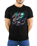 Steampunk Dragon Gear Engine Tee Fantasy Mechanical Art Tshirt - model wearing black tee with hands behind back