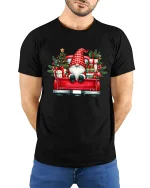 Christmas Gnome Truck Tee Festive Holiday Gifts Graphic Tshirt - model wearing black tee with hands behind back