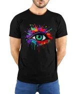 Color Splash Eye Tee Vibrant Artistic Dripping Paint Graphic Tshirt - model wearing black tee with hands behind back
