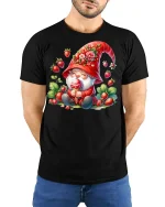 Strawberry Gnome Tee Cute Ice Cream Garden Art Graphic Tshirt - model wearing black tee with hands behind back