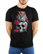 Owl and Skull Rose Tee Dark Gothic Art Graphic Tshirt for Fans - model wearing black tee with hands behind back