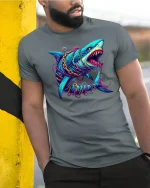Neon Shark Attack Tee Fierce Deep Sea Predator Graphic Tshirt - model wearing grey tee, leaning on column