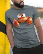 Angry Orange Crab Tee Funny Cartoon Sea Creature Graphic Tshirt - model wearing grey tee, leaning on column
