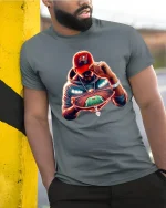 Football Fan Tee Cool Stadium Glow Hoodie Style Graphic Tshirt - model wearing grey tee, leaning on column