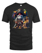 Pirate Gnome with Parrot and Treasure Chest T-Shirt - black t-shirt on white background