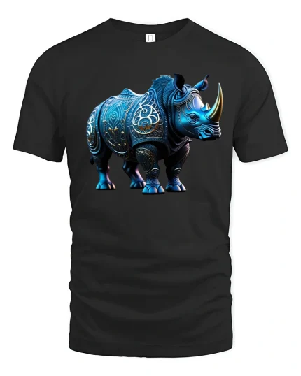 Blue Rhino Armor Tribal Art Animal Spirit T-Shirt - black t-shirt on white background