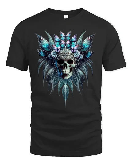 Butterfly Skull Headdress Gothic Fantasy Art T-Shirt - black t-shirt on white background