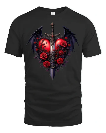 Gothic Heart Sword and Roses Dark Love T-Shirt - black t-shirt on white background