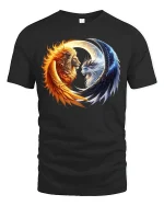 Sun and Moon Lion Yin Yang Balance Art T-Shirt - black t-shirt on white background