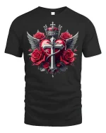 Gothic Heart Cross Wings and Roses Crown T-Shirt - black t-shirt on white background