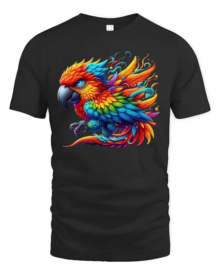 Vibrant Rainbow Parrot Color Explosion Art T-Shirt - black t-shirt on white background