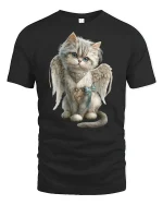 Angel Cat with Wings Cute Fantasy Art T-Shirt - black t-shirt on white background