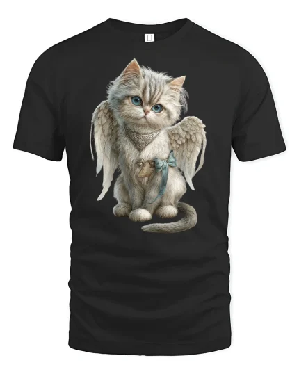 Angel Cat with Wings Cute Fantasy Art T-Shirt - black t-shirt on white background