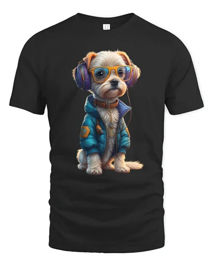 Cool DJ Dog with Headphones Funny Style T-Shirt - black t-shirt on white background