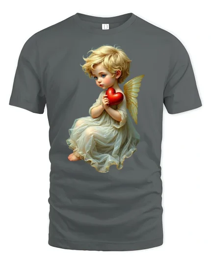 Angel Baby Holding Red Heart Heaven Love T-Shirt - gray t-shirt on white background