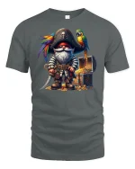 Pirate Gnome with Parrot and Treasure Chest T-Shirt - gray t-shirt on white background