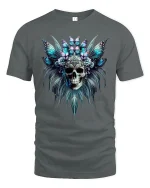 Butterfly Skull Headdress Gothic Fantasy Art T-Shirt - gray t-shirt on white background