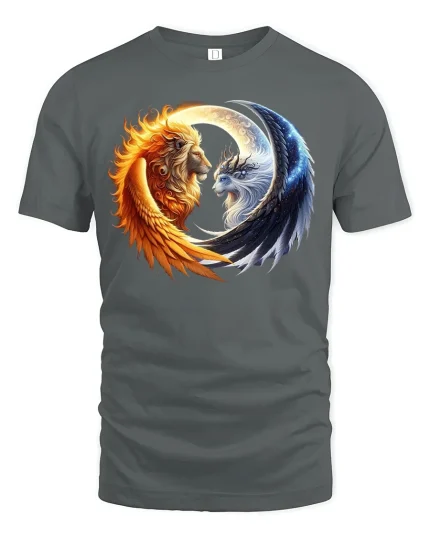 Sun and Moon Lion Yin Yang Balance Art T-Shirt - gray t-shirt on white background