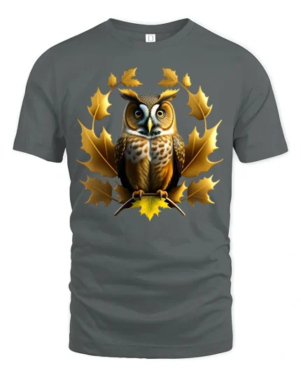 Autumn Owl with Golden Leaves Nature Art T-Shirt - gray t-shirt on white background