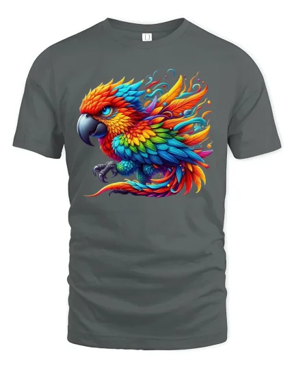 Vibrant Rainbow Parrot Color Explosion Art T-Shirt - gray t-shirt on white background