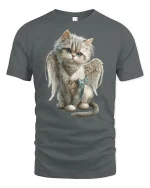 Angel Cat with Wings Cute Fantasy Art T-Shirt - gray t-shirt on white background