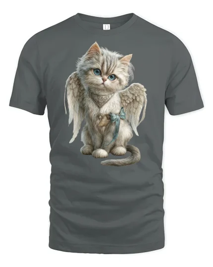 Angel Cat with Wings Cute Fantasy Art T-Shirt - gray t-shirt on white background