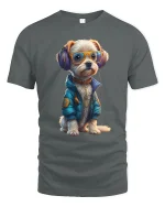 Cool DJ Dog with Headphones Funny Style T-Shirt - gray t-shirt on white background