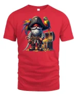 Pirate Gnome with Parrot and Treasure Chest T-Shirt - red t-shirt on white background