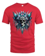 Butterfly Skull Headdress Gothic Fantasy Art T-Shirt - red t-shirt on white background
