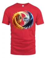 Sun and Moon Lion Yin Yang Balance Art T-Shirt - red t-shirt on white background