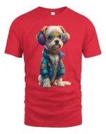 Cool DJ Dog with Headphones Funny Style T-Shirt - red t-shirt on white background