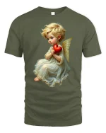 Angel Baby Holding Red Heart Heaven Love T-Shirt - military green t-shirt on white background