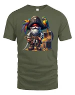 Pirate Gnome with Parrot and Treasure Chest T-Shirt - military green t-shirt on white background