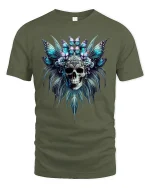 Butterfly Skull Headdress Gothic Fantasy Art T-Shirt - military green t-shirt on white background
