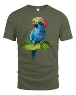 Funny Blue Parrot Summer Vibes Sunglasses T-Shirt - military green t-shirt on white background