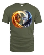 Sun and Moon Lion Yin Yang Balance Art T-Shirt - military green t-shirt on white background
