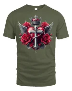 Gothic Heart Cross Wings and Roses Crown T-Shirt - military green t-shirt on white background